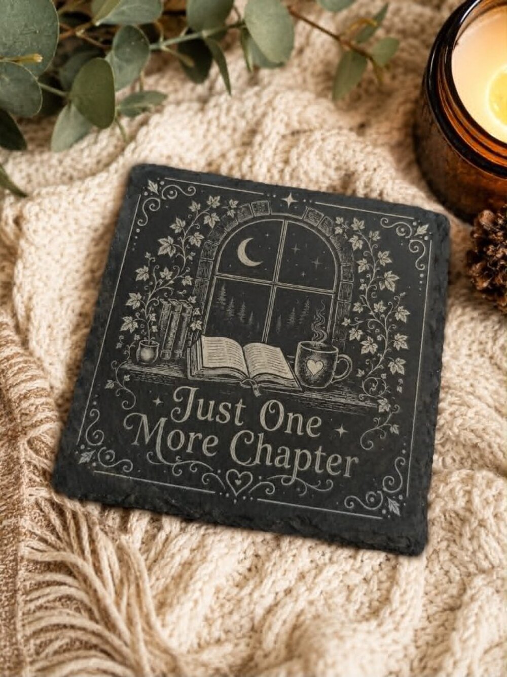 Just One More Chapter Slate Coaster | Book Lover Gift | Set of 2
